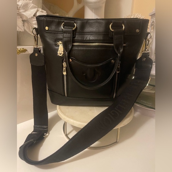 True Religion Black Leather Bag with Gold Accents - Picture 1 of 16